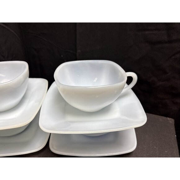 4 FIRE KING Delphite Blue Azurite Charm Square Tea/Coffee Cup & Saucer Sets - Picture 4 of 6